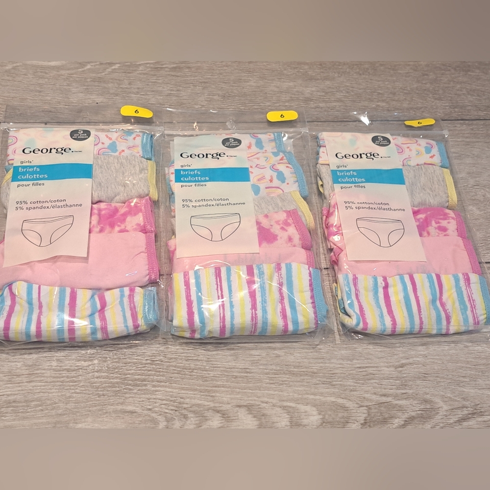 3 Brand New Packs of George Girls 5 pairs Briefs underwear; Size 6